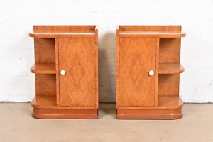 French Art Deco Burl Wood Nightstands In The Manner Of Maison Dominique 1930s