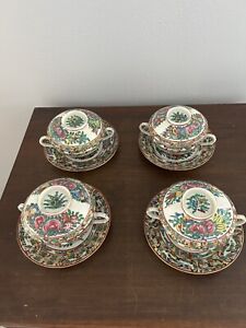 Antique Rose Medallion Canton Porcelain Cups Saucers Lids Set Of 4