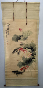 Beautiful Chinese Scroll Painting Lotus Pond And Koi Fish Marked With Seal