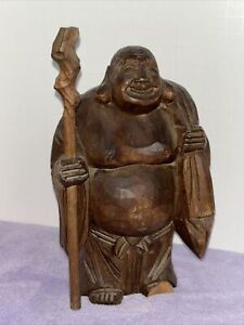 Vintage Chinese Hand Carved Wooden Happy Laughing Buddha Statue Carrying Bag
