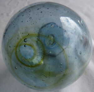Japanese Blown Glass Float 3 5 Blue W Amber Swirls Antique Usa Bz