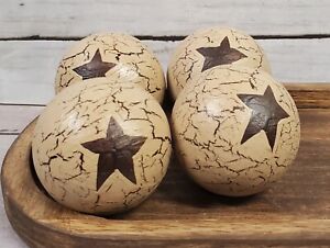 Primitive Crackle Tan Espresso Brown Stars Wood Balls Set Of 4 Bowl Fillers