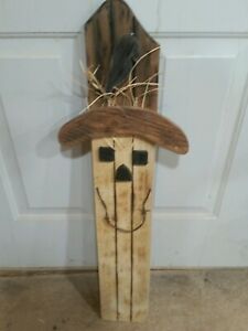 Handmade Primitive Wood Fall Scarecrow With Crow On Hat Porch Decor