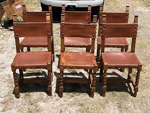 Spanish Colonial Studded Revival Renaissances Chairs Leather Set Of 6 Vintage