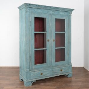 Blue Painted Bookcase Display Cabinet With Glass Doors Denmark Circa 1840