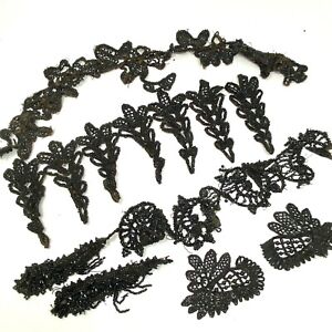 Victorian Trim Black Glass Beaded Applique Mourning Funeral Webs Antique