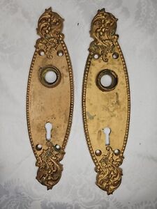 2 Antique Ornate Brass Back Plates Victorian Art Deco Repousse Romanesque Oval