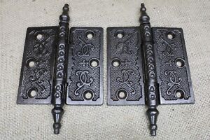 2 Old Door Hinges 3 1 2 X 3 1 2 Antique Steeple Top Pin Vintage Clean Cast Iron