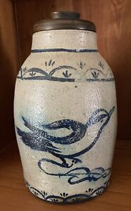 Rare Antique Bird Flower Tulip Salt Glazed Cobalt Stoneware Crock Jar Wooden Lid