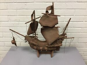 Antique Vtg Wood Pirate Fishing Scooner Model Ship Boat 25 X 19 Needs Tlc