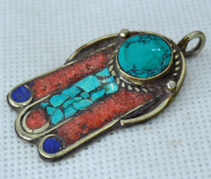 Ancient Antique Victorian Amazing Necklace Pendant With Turquoise Stones Gypsy