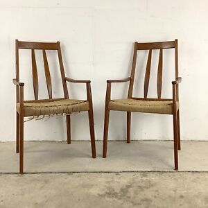 Pair Scandinavian Modern Teak Dining Arm Chairs Pair