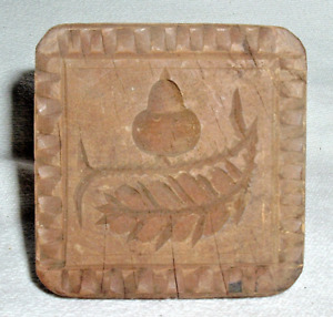 Primitive 19th Century Hand Carved Wooden Maple Butter Press Acorn Fern Leaf