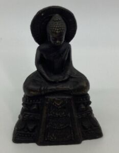3 5 Antique Bronze Kmer Buddha Seated On High Pedestal With Aura Chinese Tibet