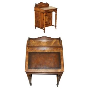 Restored Victorian Rosewood Marquetry Inlaid Brown Leather Davenport Desk