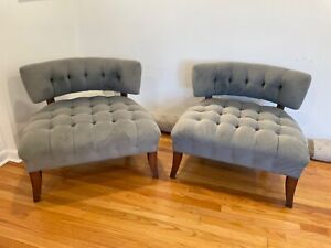 Billy Haines Style Slipper Chairs Blue Grey Pair