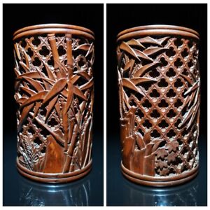 Chinese Bamboo Carving Antique Carved Brush Pot Pen Case Wood Statue Bamboo Leaf