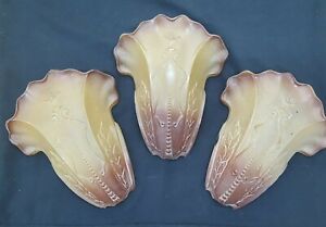 Set Of 3 Art Deco Two Toned Leaf Fire Torch Designed Glass Slip Shades
