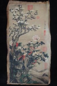 Rare Large Old Chinese Hand Painting Beautiful Flowers Birds Qiuying Mark