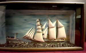 Large Antique Coastal Marine Clipper Ship Diorama W Glass Wood Sails W Rigging