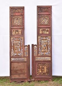 Pair Of Antique Chinese Red Gilt Wood Carved Panel