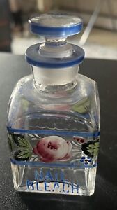 Antique Apothecary Drug Store Nail Bleach Sm Square Glass Bottle Painted Roses