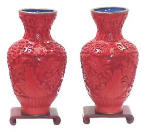 Pair Of Carved Red Cinnabar Vases With Stands Blue Glazed Interiors 5 High