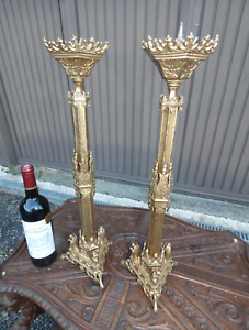 Pair Antique Brass Church Candle Holders Tripod Angels Neo Gothic