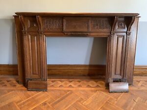  Antique Carved 1 4 Sawn Oak Fireplace Mantel 89 X 51 42 Opening Salvage