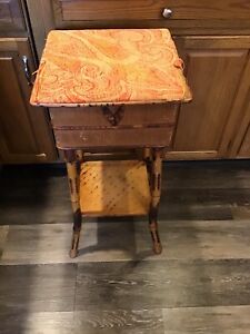 Antique Burnt Bamboo Rattan Wood Sewing Box Plant Stand Side Table Palm Beach