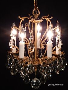 Antique French Brass Birdcage 5 Lite Twinkling Petite Lead Crystal Chandelier