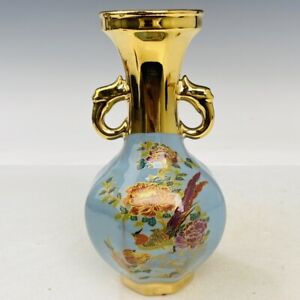 7 3 Antique Song Dynasty Porcelain Ru Kiln Mark Gilt Flower Bird Double Ear Vase