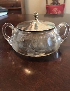 Antique Abp Cut Glass Sugar Bowl Two Handled Sterling Silver Lid