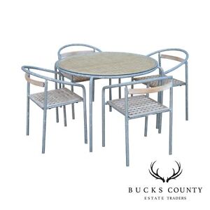 Teak And Galvanized Steel Round Patio Table 4 Chairs Dining Set B 