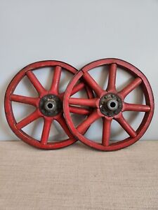 Antique Pair Of Rustic Red 9 3 4 Wood Metal 8 Spoke Wheels Wagon Cart