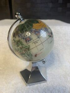 Mini Semi Precious Stone Rotating World Map Silver Plated Stand Desktop 5 1 2 T