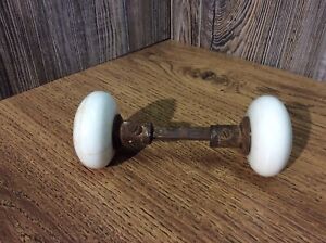 Pair Of Antique White Ceramic Doorknobs Door Knobs And Spindle Shaft I3