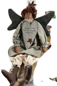 Slack Folk Art Primitive Fabric Stuffed Angel Doll Ooak Signed 15 Hanging