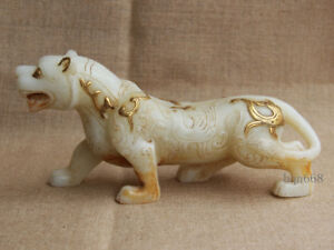 11 China Old Gilt White Jade Hand Carved Large Lucky Zodiac Tiger Statue