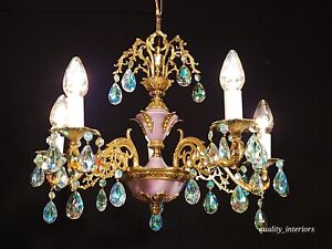 Antique French Empire 5 Light Lavender Aurora Borealis Ab Crystals Chandelier