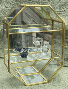 Geometric Mirrored Glass Vitrine Brass 2 Shelf Wall Hung Display Cabinet 8 