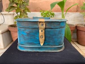 Antique Iron Hand Forged Blue Painted Storage Box Container Brass Inlaid Latch
