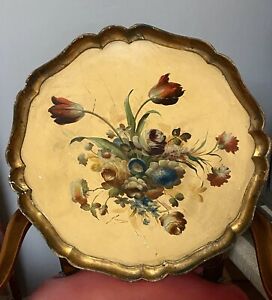 Antique Tole Painted Large Wooden Tray Floral Spray Farmhouse Artist Signed