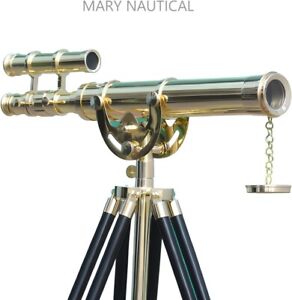 Brass Double Barrel Telescope With Tripod Spyglass Maritime Home Office Gift