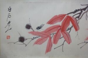 Rare Old Long Chinese Scroll Hand Painting Flowers And Insects Qibaishi Mark