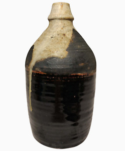 Mid 20th C American Vint Drip Glzd Sepia Brwn Putty Wht Stoneware Cer Bottle