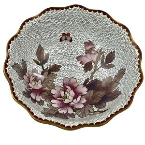 Vtg Chinese Cloisonn Bowl White Pink Flowers Butterfly Enamel Gilt Bronze 7 