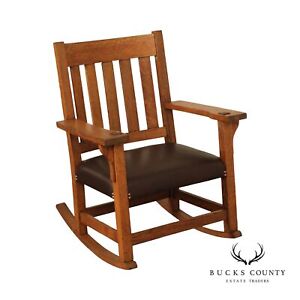 Antique Mission Oak And Leather Rocking Chair