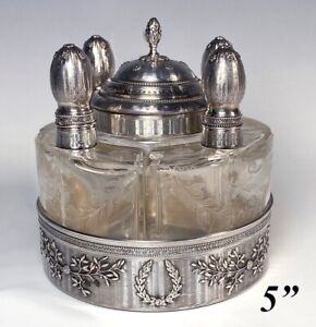 Antique French Sterling Silver And Crystal 4 Scent Bottle Caddy And Powder Jar