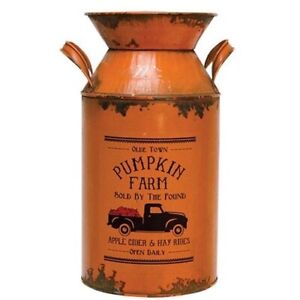 New Farmhouse Pumpkin Farm Milk Can Orange Black 10 Hx5 W Metal Canister Vase